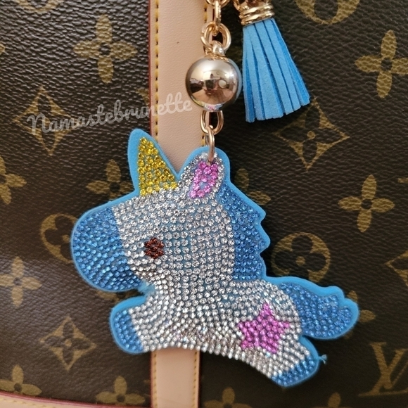 Unicorn Crystal Rhinestone Keychain Bag Charm With Blue Tassel - Picture 3 of 15